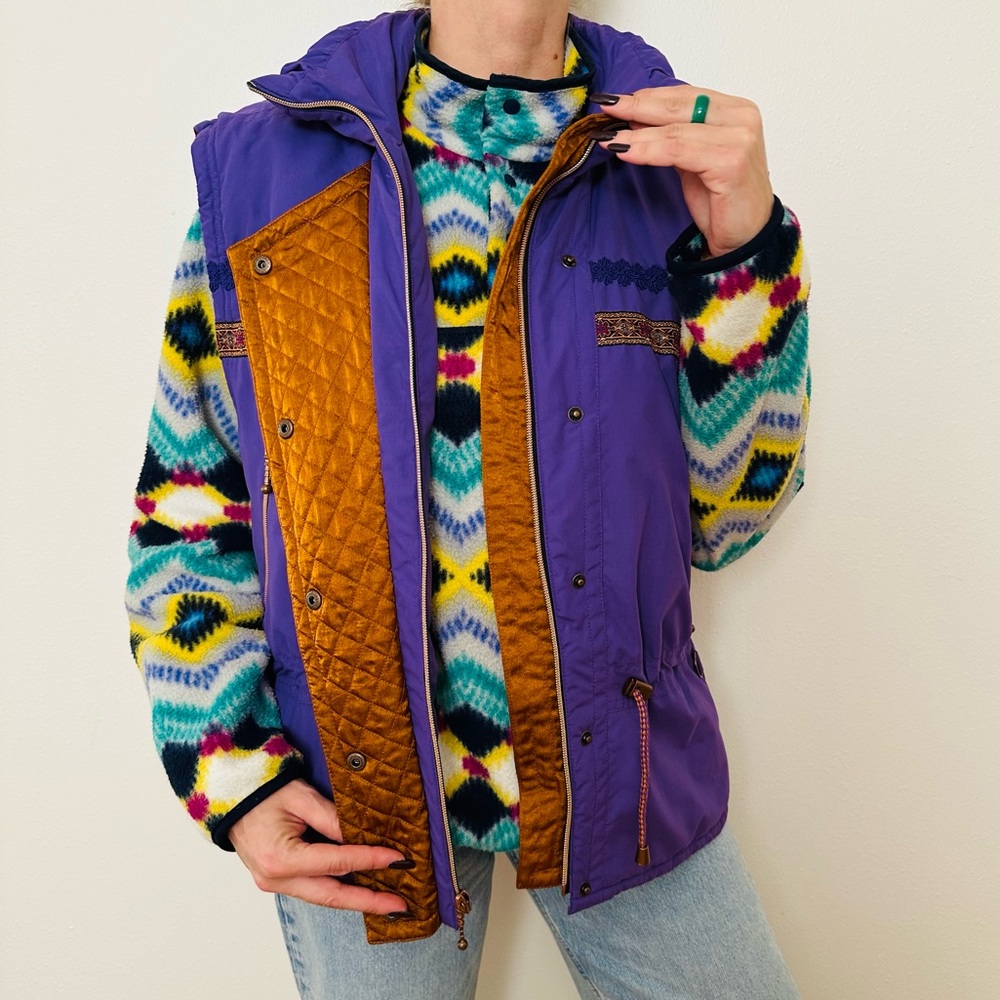 Vintage Skiing Passport Purple Sleeveless Jacket Boho Puffer